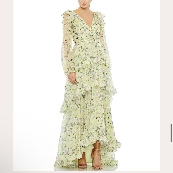 $598 Mac Duggal Size 12 Floral Chiffon Tiered Ruffle Puff Sleeve Gown - See flaw - Picture 1 of 7
